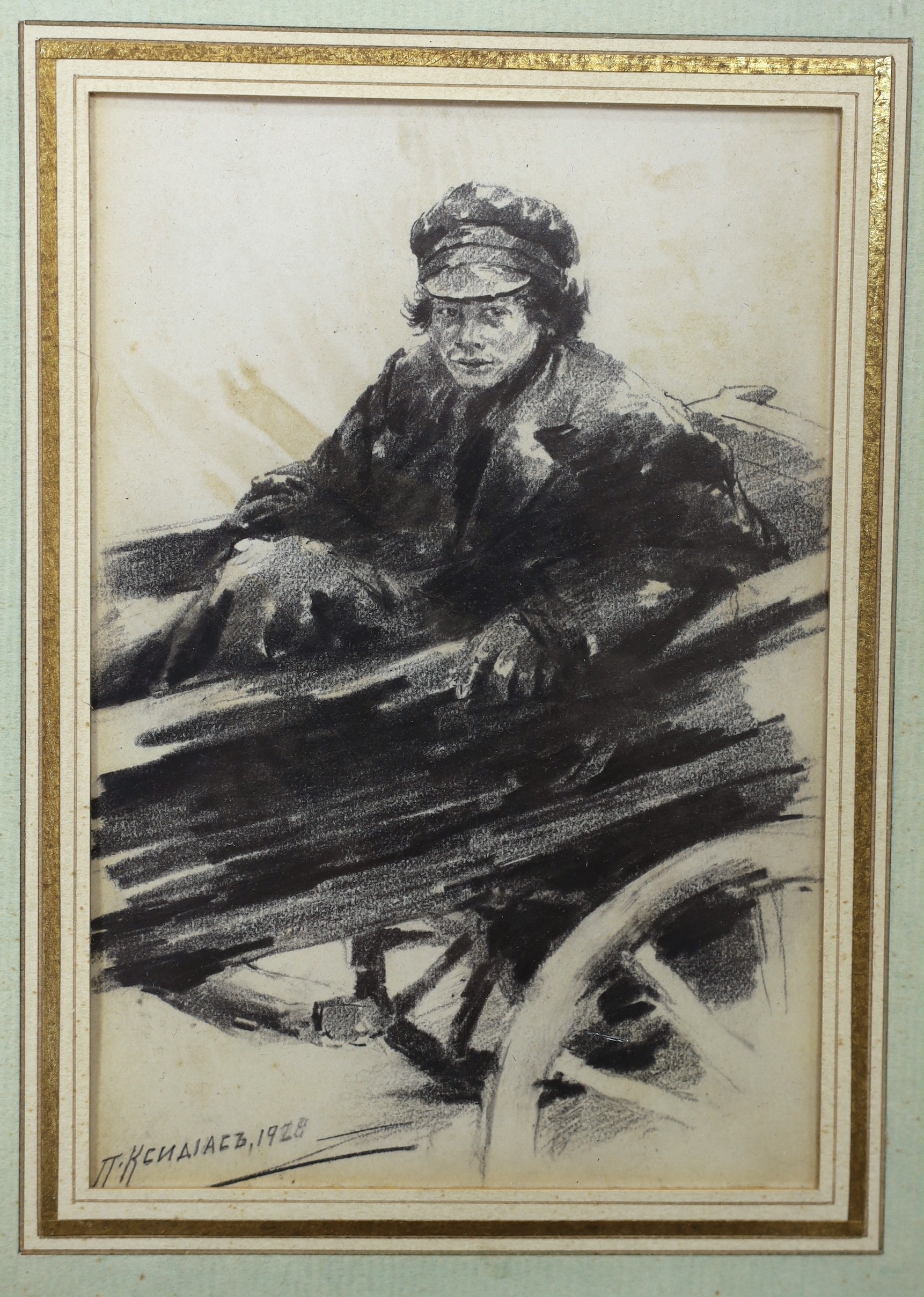 Attributed to Pericles Spiridonovich Ksidias (Greek, 1872-1942), pencil drawing, Figure in a cart, signed and dated 1928, 15 x 10.5cm